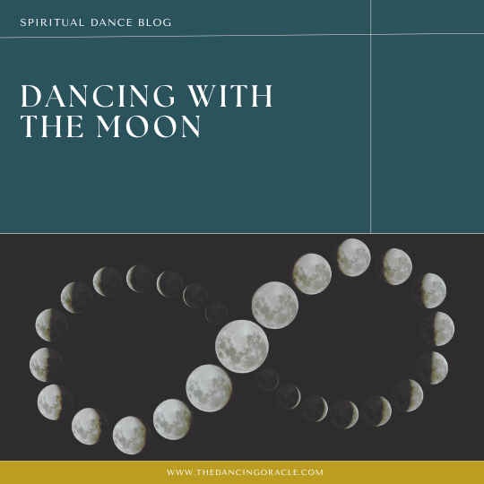 An infinity shape of moons in their different phases and text that says dancing with the moon
