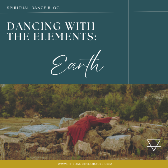 Woman in a red dress lying back on a giant pile of rocks performing a layout with trees in the background and text that says dancing with the elements: earth