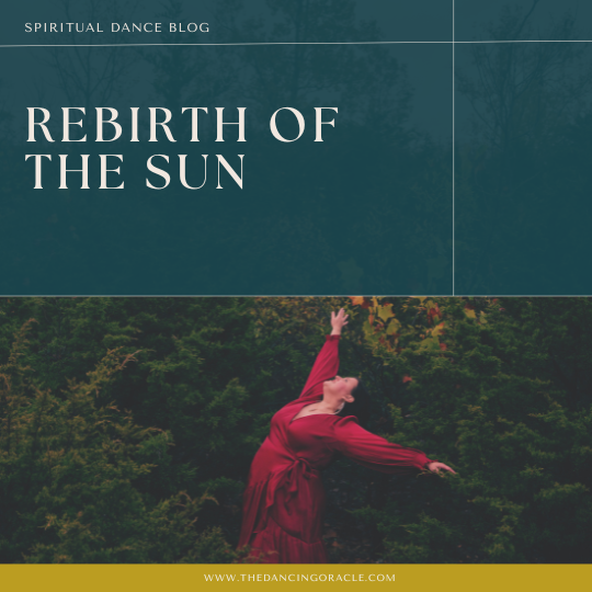 Woman in red dress in evergreen trees arching back and reaching for the sky with text that says "Rebirth of the Sun"