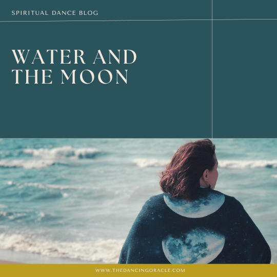 woman standing on the shore staring out at the ocean wrapped in a dark blue towel with moon phase images and text that reads "water and the moon"