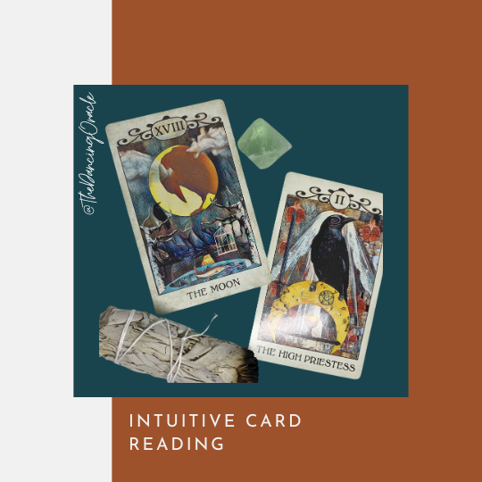 Tarot cards from the Crow Tarot deck, an sage bundle, and aquamarine crystal with text that says Intuitive Card Reading