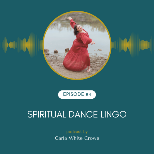 Dancer in rust colored dress performing a lunge on a lake shore with audio waves graphic and titles that say episode 4 spiritual dance lingo