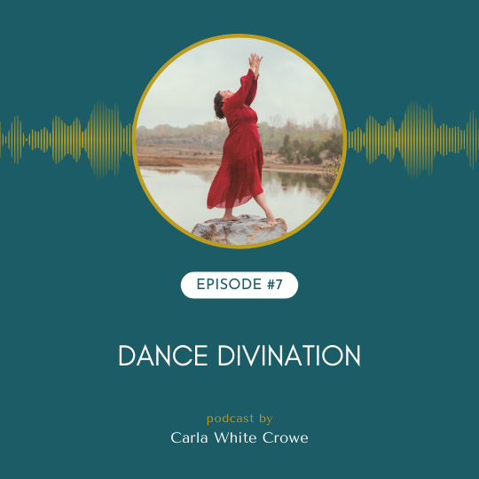 Dancer in rust-colored dress performing a tendu with arms reaching to the sky on a large rock with shore with audio waves graphic and titles that say episode 7 dance divination