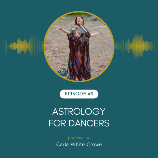Dancer in long, multi-colored and sparkly gown posing in a shallow stream with audio waves graphic and titles that say episode 9 astrology for dancers
