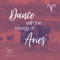 Woman in dress performing a wide leg squat in front of a pond with a growling face expression and text that says "Dance with the energy of Aries"