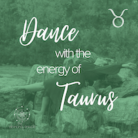 Woman in dress performing a one leg extension while lying back on a large pile of rocks and text that says "Dance with the energy of Taurus"