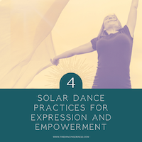 Woman in black t-shirt dancing with a large yellow scarf looking towards the sky with text that says 4 solar dance practices for expression and empowerment